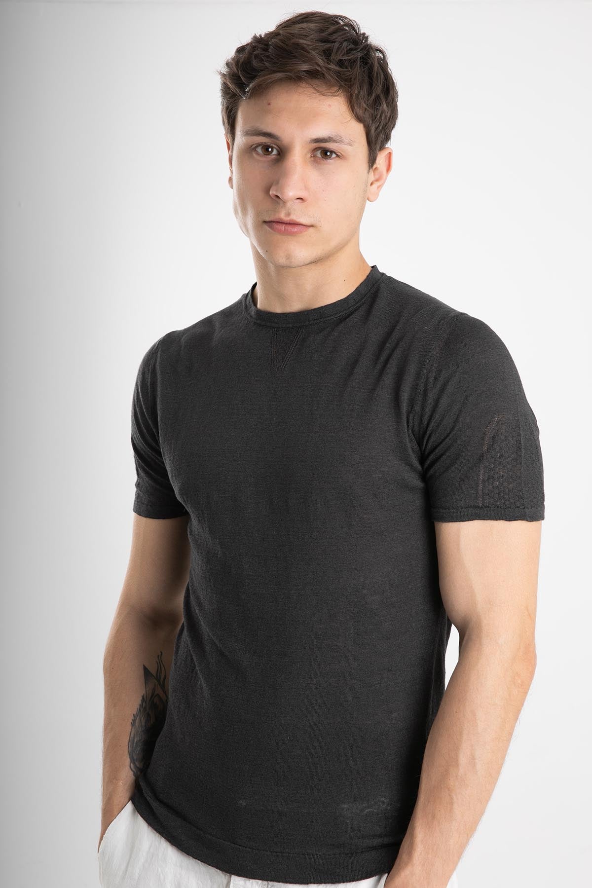 Manifattura Yuvarlak Yaka Keten T-shirt-Libas Trendy Fashion Store