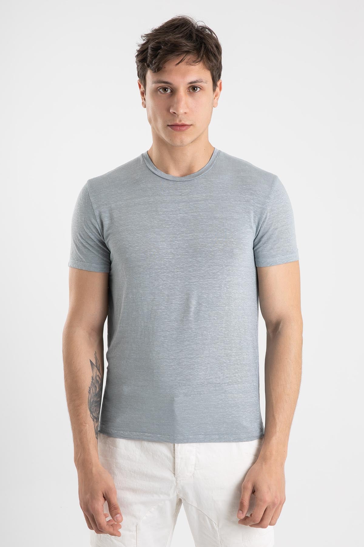 Manifattura Yuvarlak Yaka Streç Keten T-Shirt-Libas Trendy Fashion Store