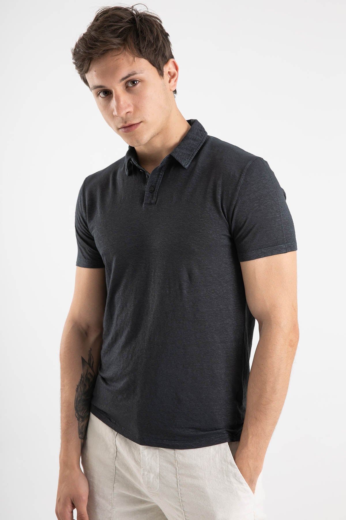 Manifattura Polo Yaka Streç Keten T-shirt-Libas Trendy Fashion Store