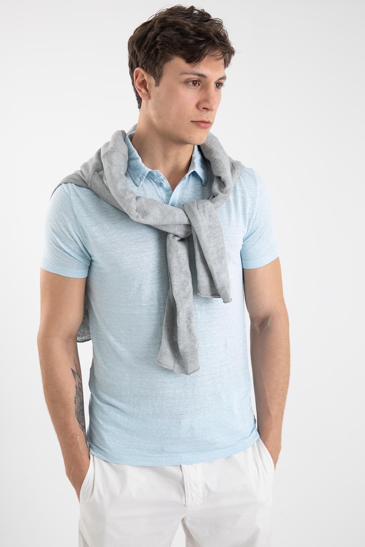 Manifattura Polo Yaka Streç Keten T-shirt-Libas Trendy Fashion Store