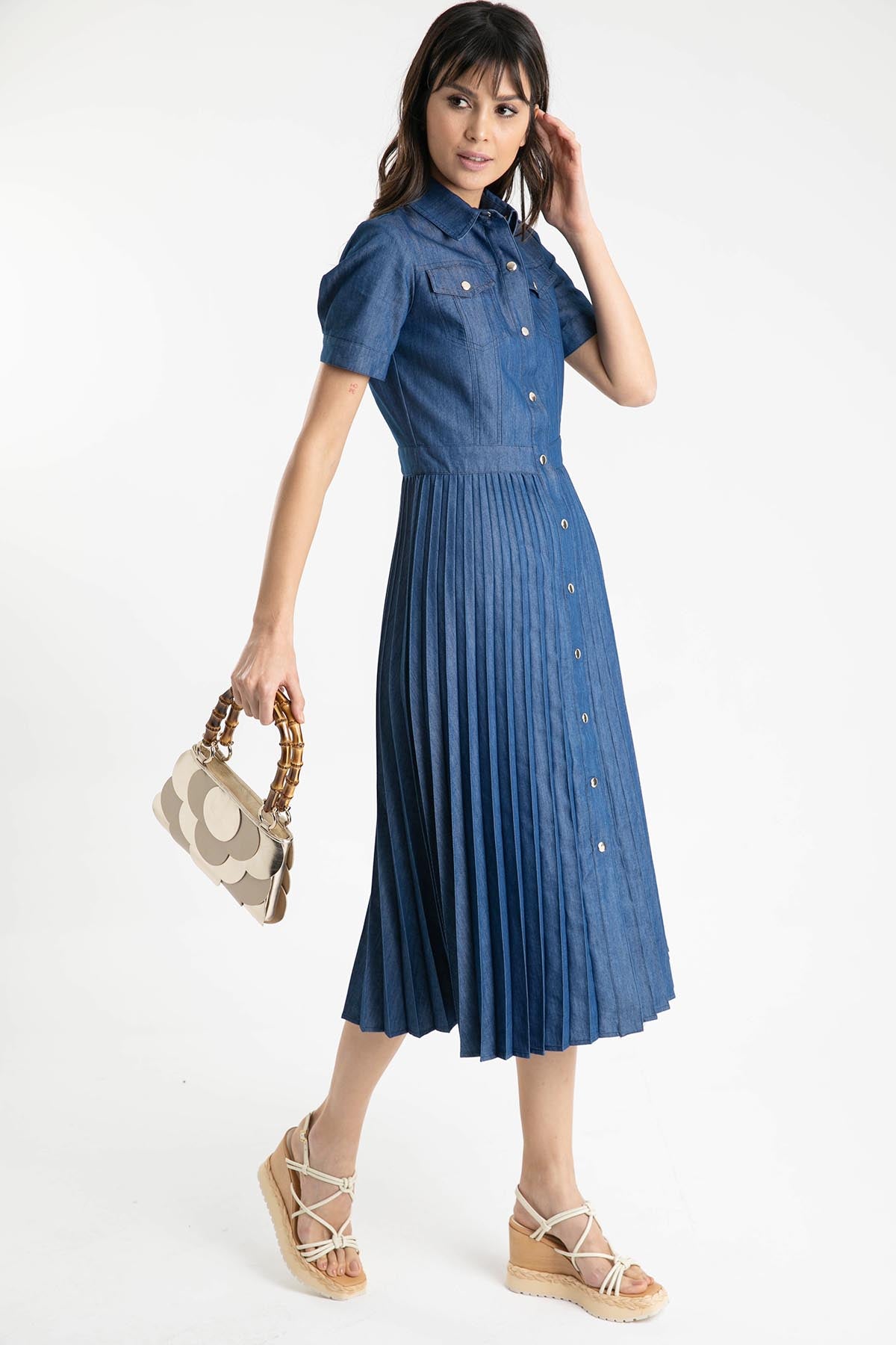 Liu Jo Pileli Midi Denim Elbise-Libas Trendy Fashion Store