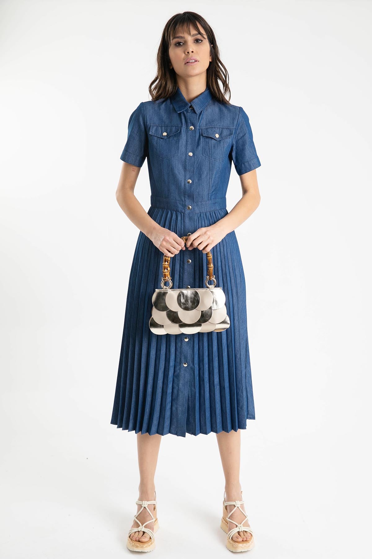 Liu Jo Pileli Midi Denim Elbise-Libas Trendy Fashion Store
