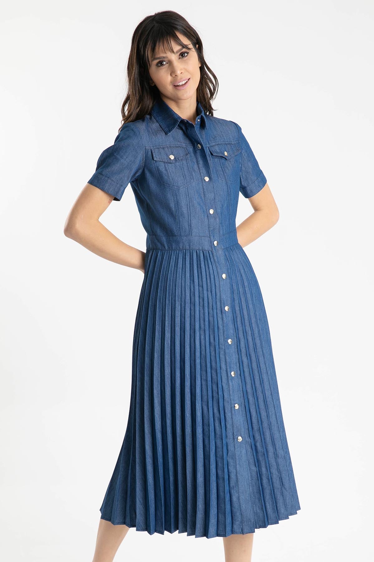 Liu Jo Pileli Midi Denim Elbise-Libas Trendy Fashion Store