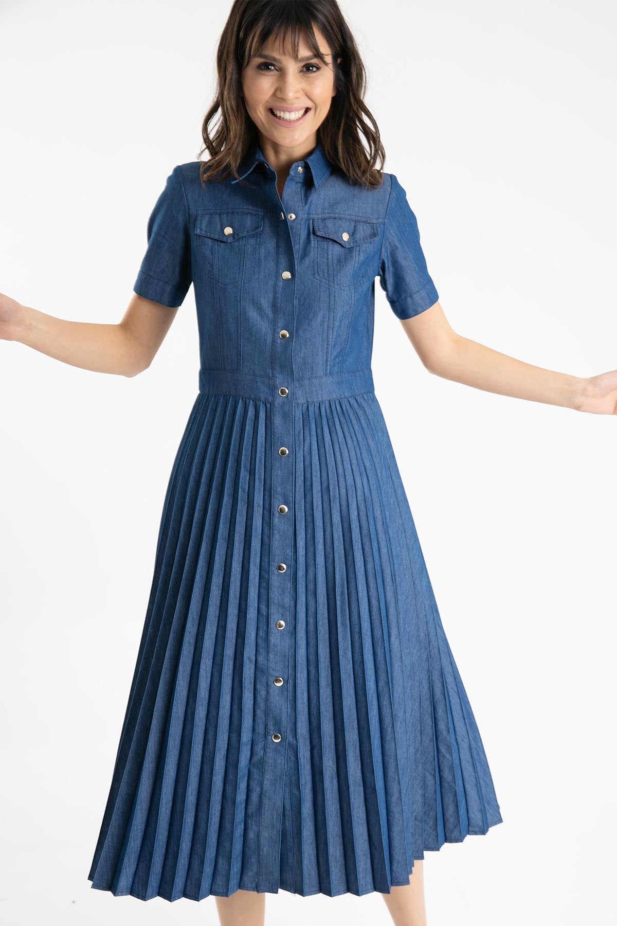 Liu Jo Pileli Midi Denim Elbise-Libas Trendy Fashion Store