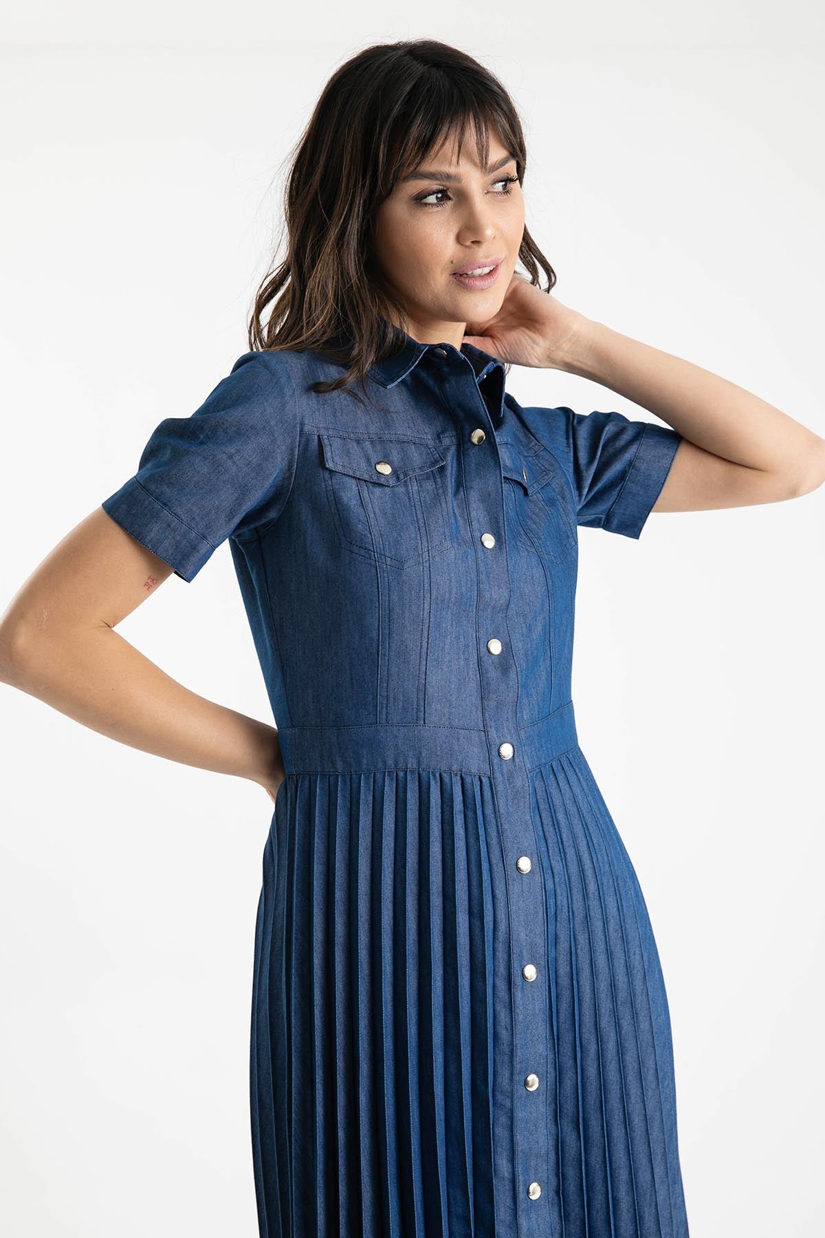 Liu Jo Pileli Midi Denim Elbise-Libas Trendy Fashion Store