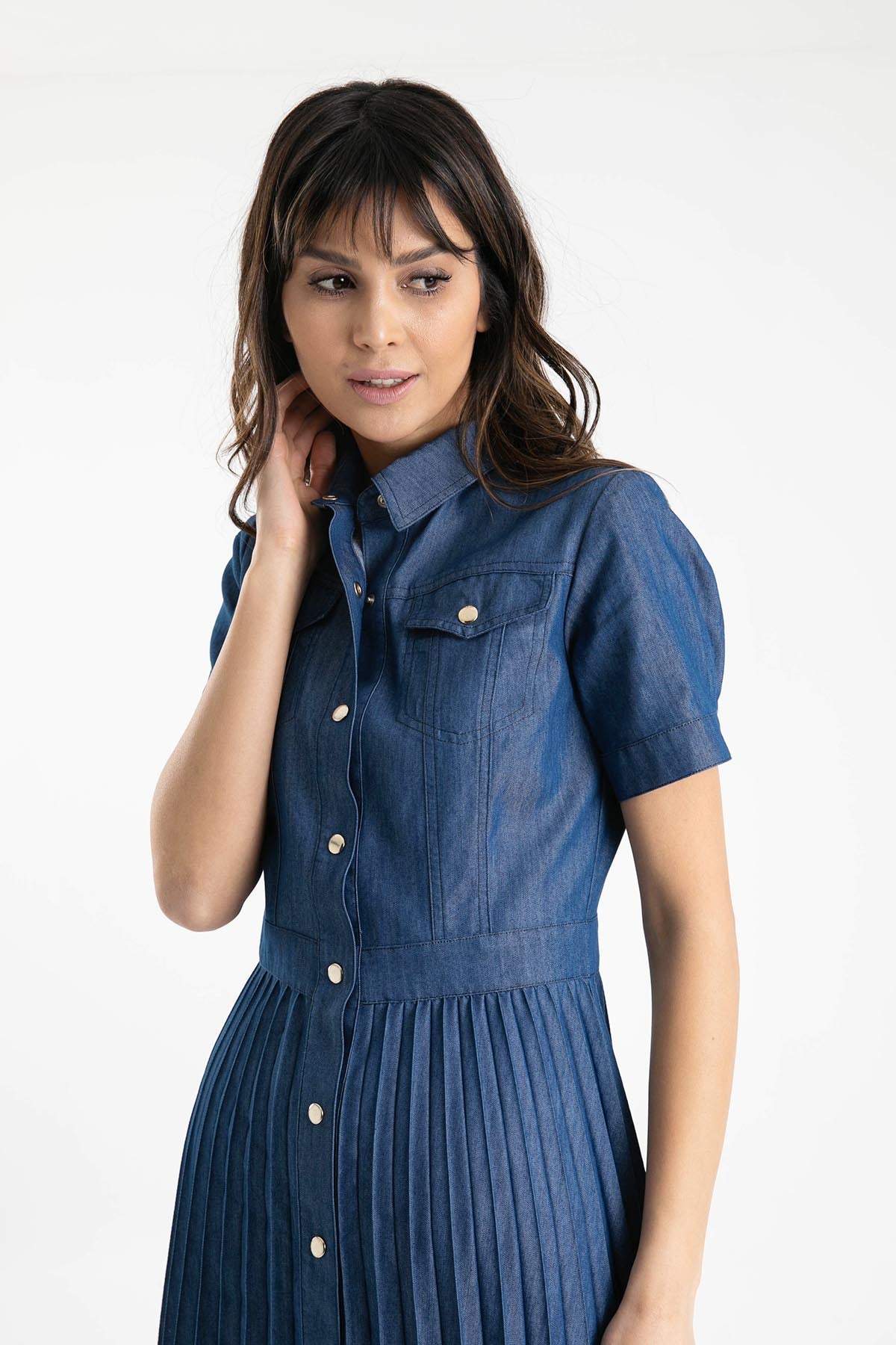 Liu Jo Pileli Midi Denim Elbise-Libas Trendy Fashion Store