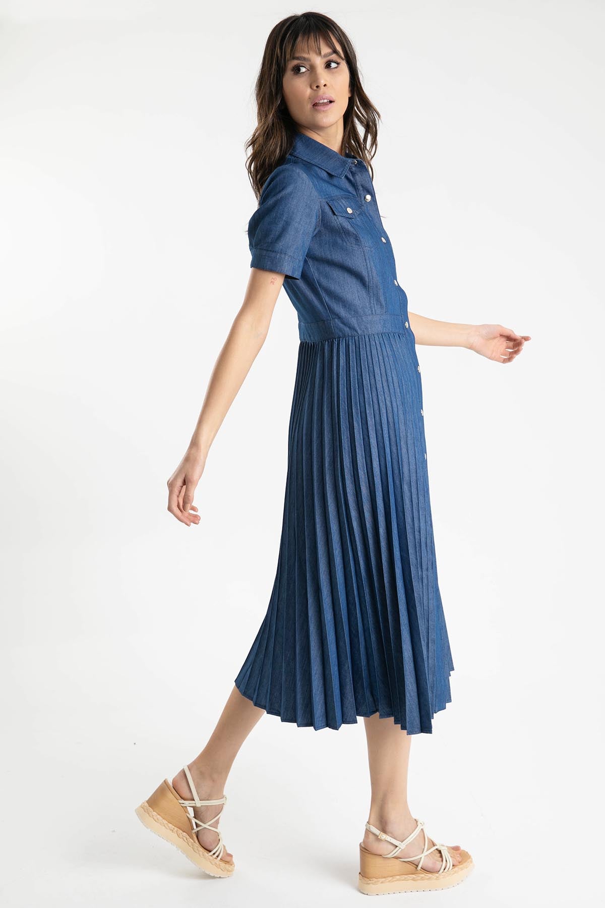 Liu Jo Pileli Midi Denim Elbise-Libas Trendy Fashion Store
