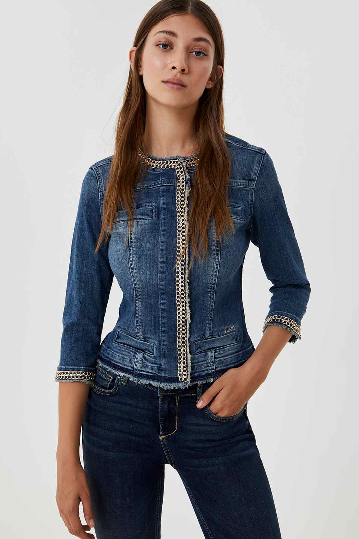 Liu Jo Sıfır Yaka Metal Aksesuarlı Denim Ceket-Libas Trendy Fashion Store