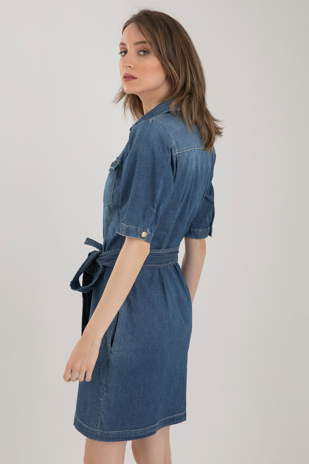 Liu Jo Diz Üstü Belden Kuşaklı Denim Elbise-Libas Trendy Fashion Store