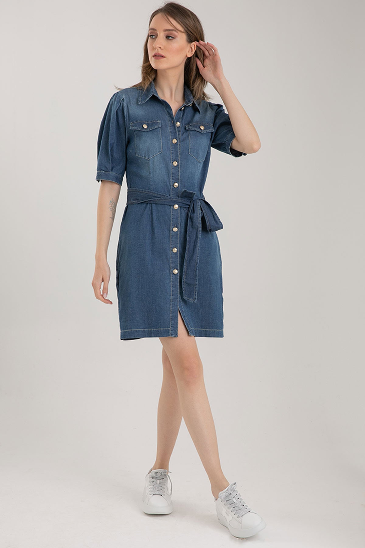 Liu Jo Diz Üstü Belden Kuşaklı Denim Elbise-Libas Trendy Fashion Store