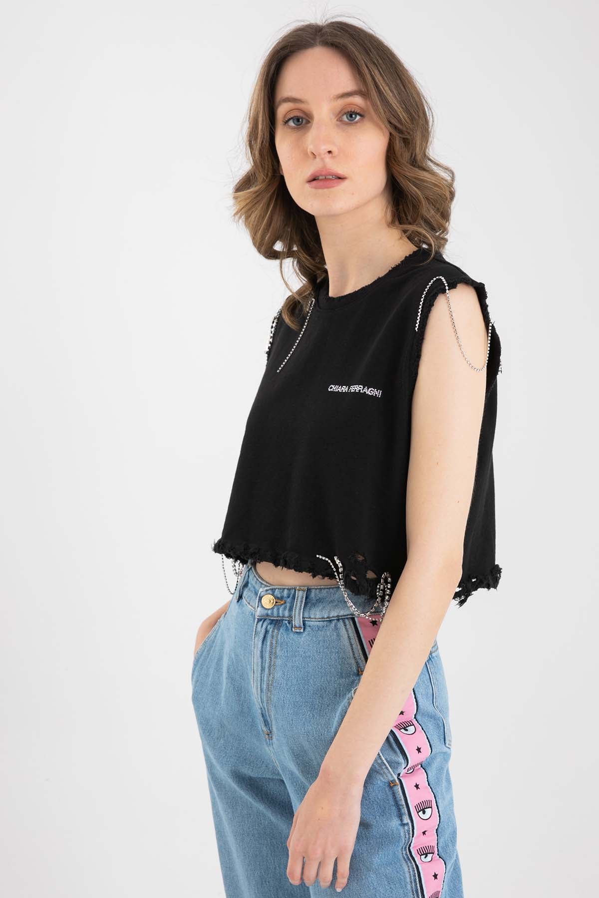 Chiara Ferragni Taş Aksesuarlı Kolsuz Crop T-Shirt-Libas Trendy Fashion Store