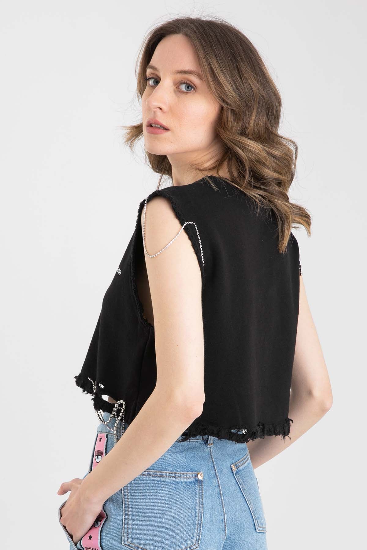 Chiara Ferragni Taş Aksesuarlı Kolsuz Crop T-Shirt-Libas Trendy Fashion Store