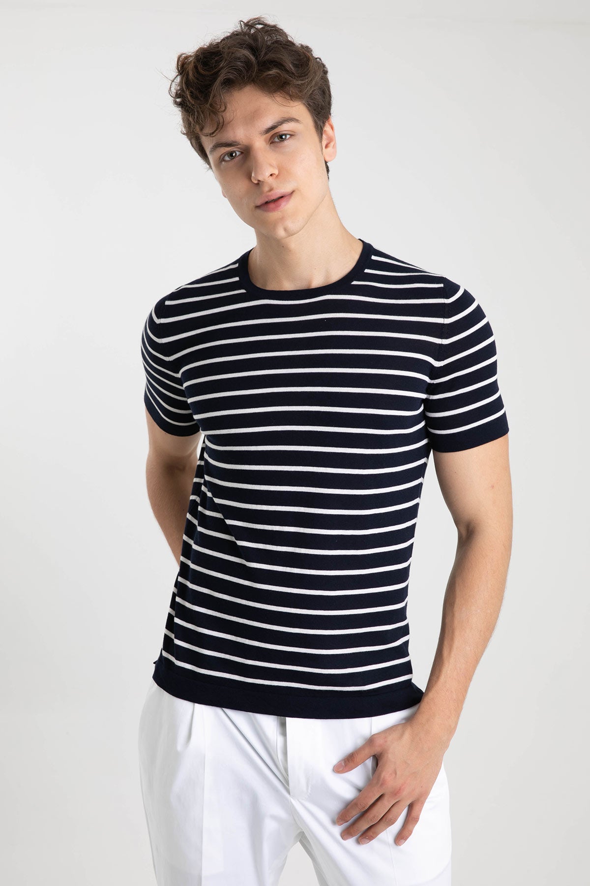 Gran Sasso Yuvarlak Yaka Marin Çizgili T-shirt-Libas Trendy Fashion Store