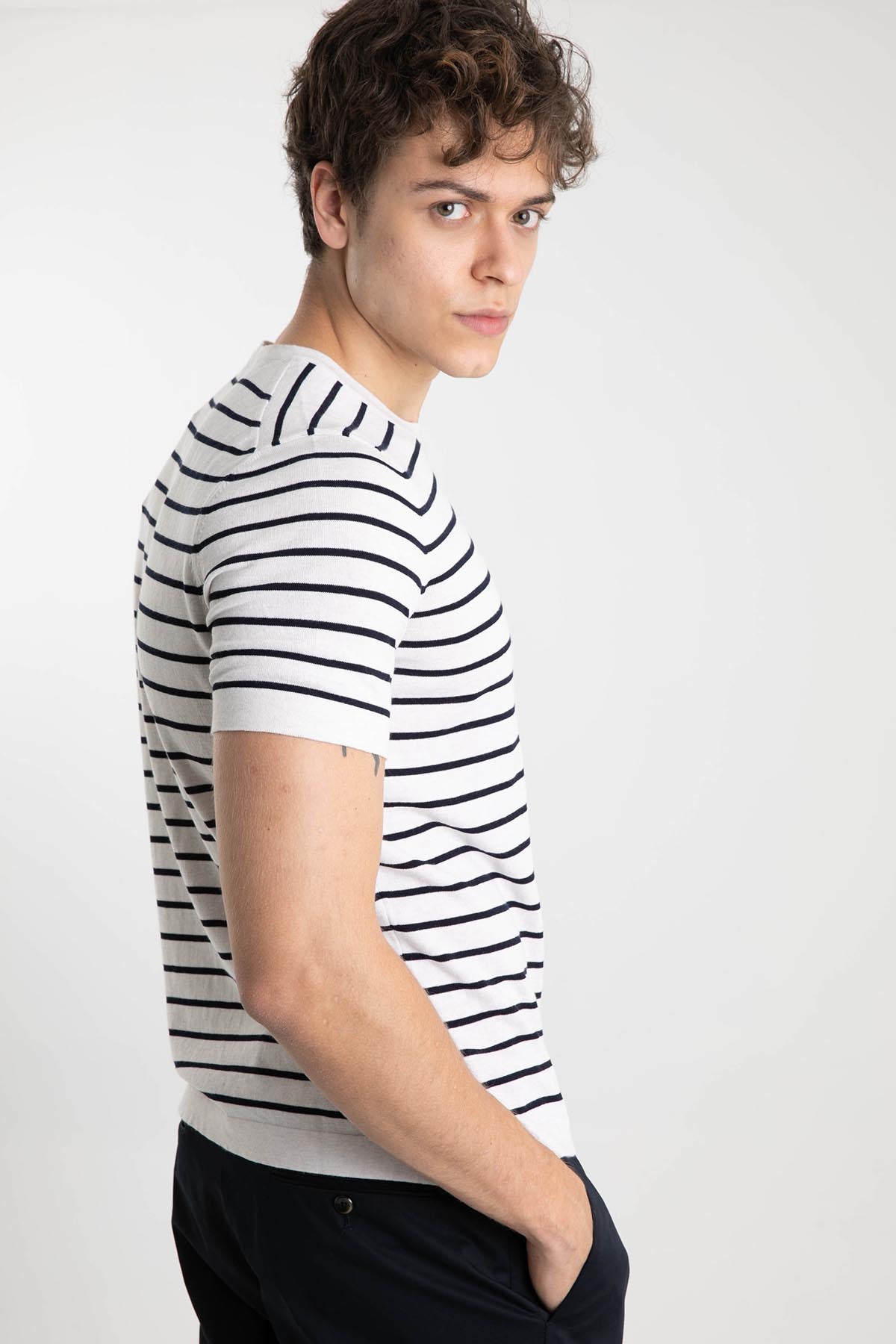 Gran Sasso Yuvarlak Yaka Marin Çizgili T-shirt-Libas Trendy Fashion Store