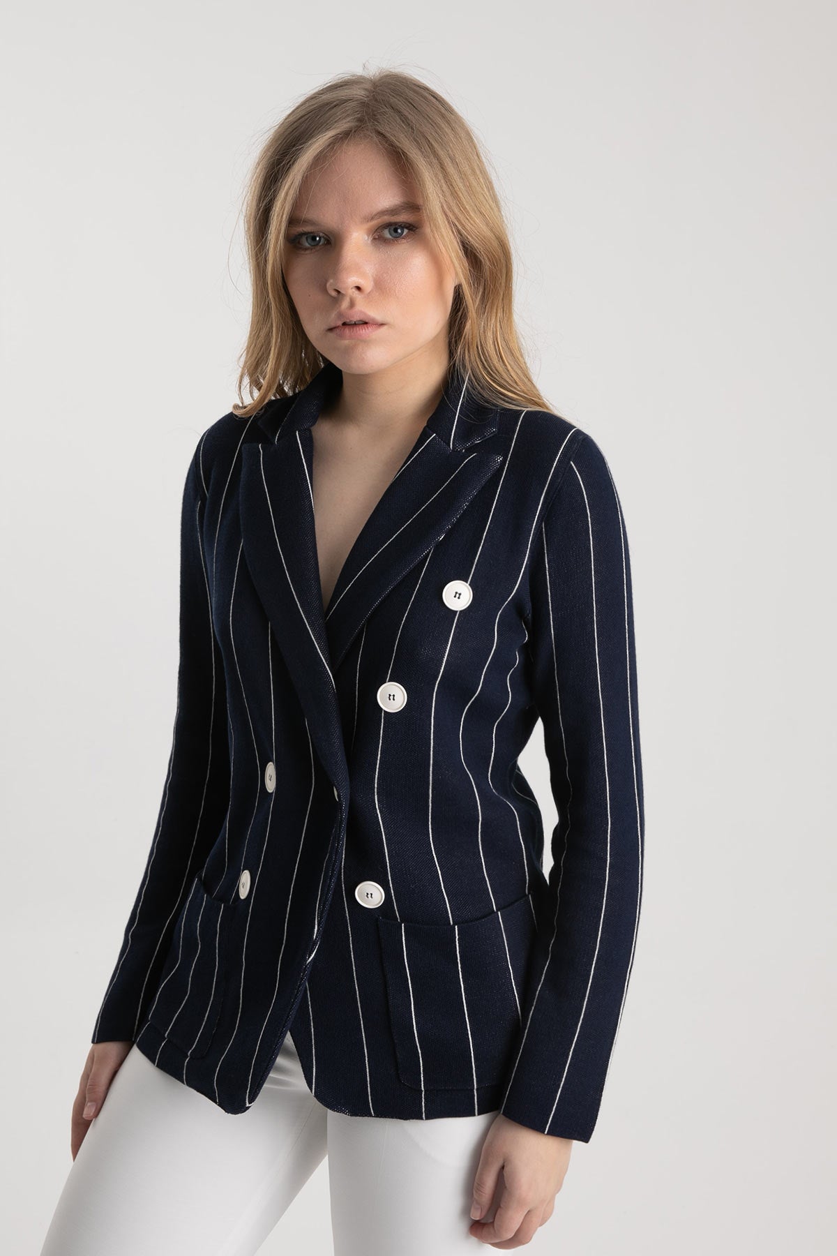 Tonet Kruvaze Çizgili Marin Ceket-Libas Trendy Fashion Store
