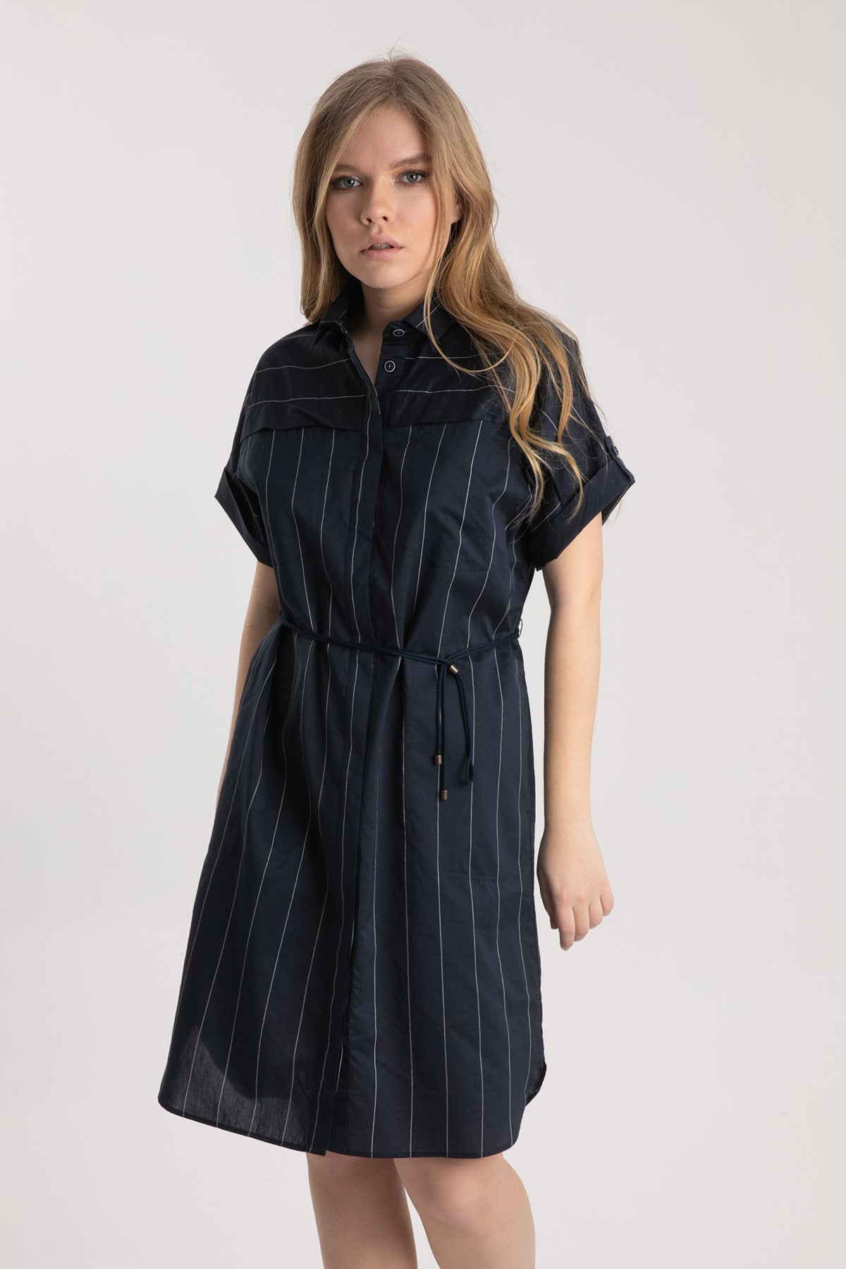 Tonet İpek Karışımlı Çizgili Diz Üstü Elbise-Libas Trendy Fashion Store