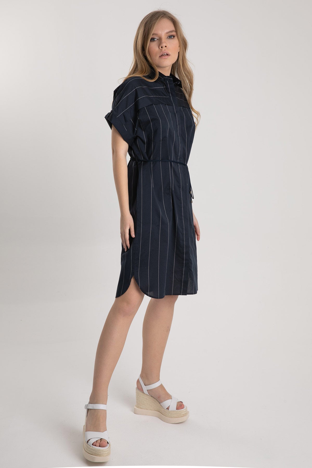 Tonet İpek Karışımlı Çizgili Diz Üstü Elbise-Libas Trendy Fashion Store