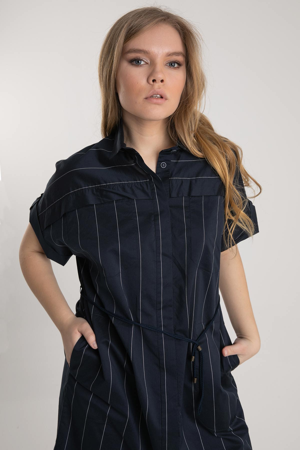 Tonet İpek Karışımlı Çizgili Diz Üstü Elbise-Libas Trendy Fashion Store