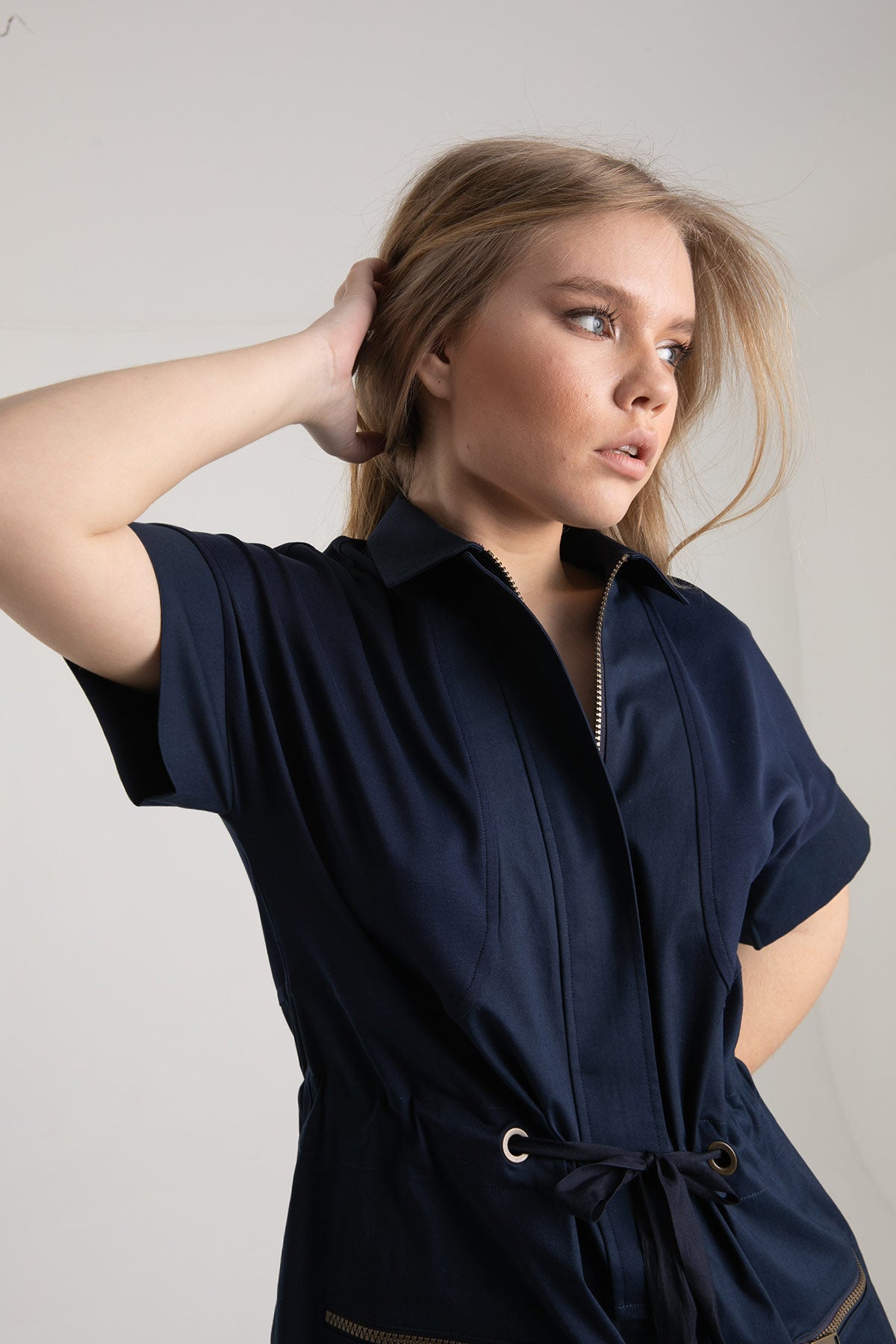 Tonet Fermuarlı Belden Büzgülü Diz Üstü Elbise-Libas Trendy Fashion Store