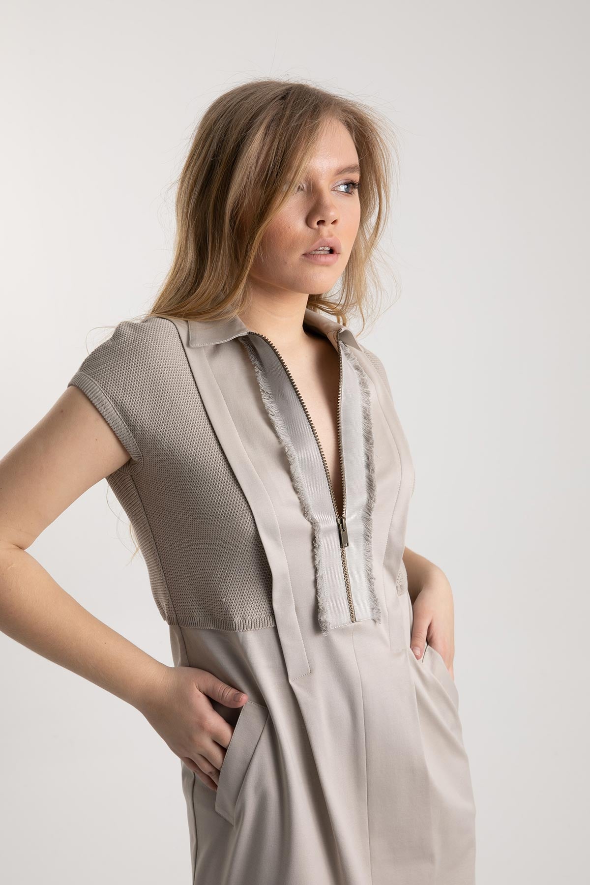 Tonet Fermuarlı Yaka Diz Üstü Elbise-Libas Trendy Fashion Store