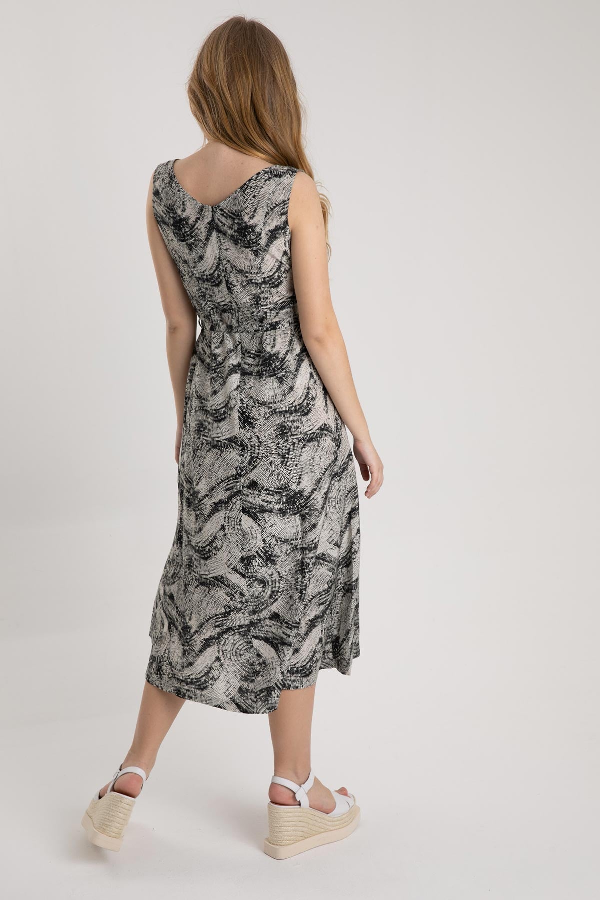 Tonet V Yaka Belden Kuşaklı Midi Elbise-Libas Trendy Fashion Store