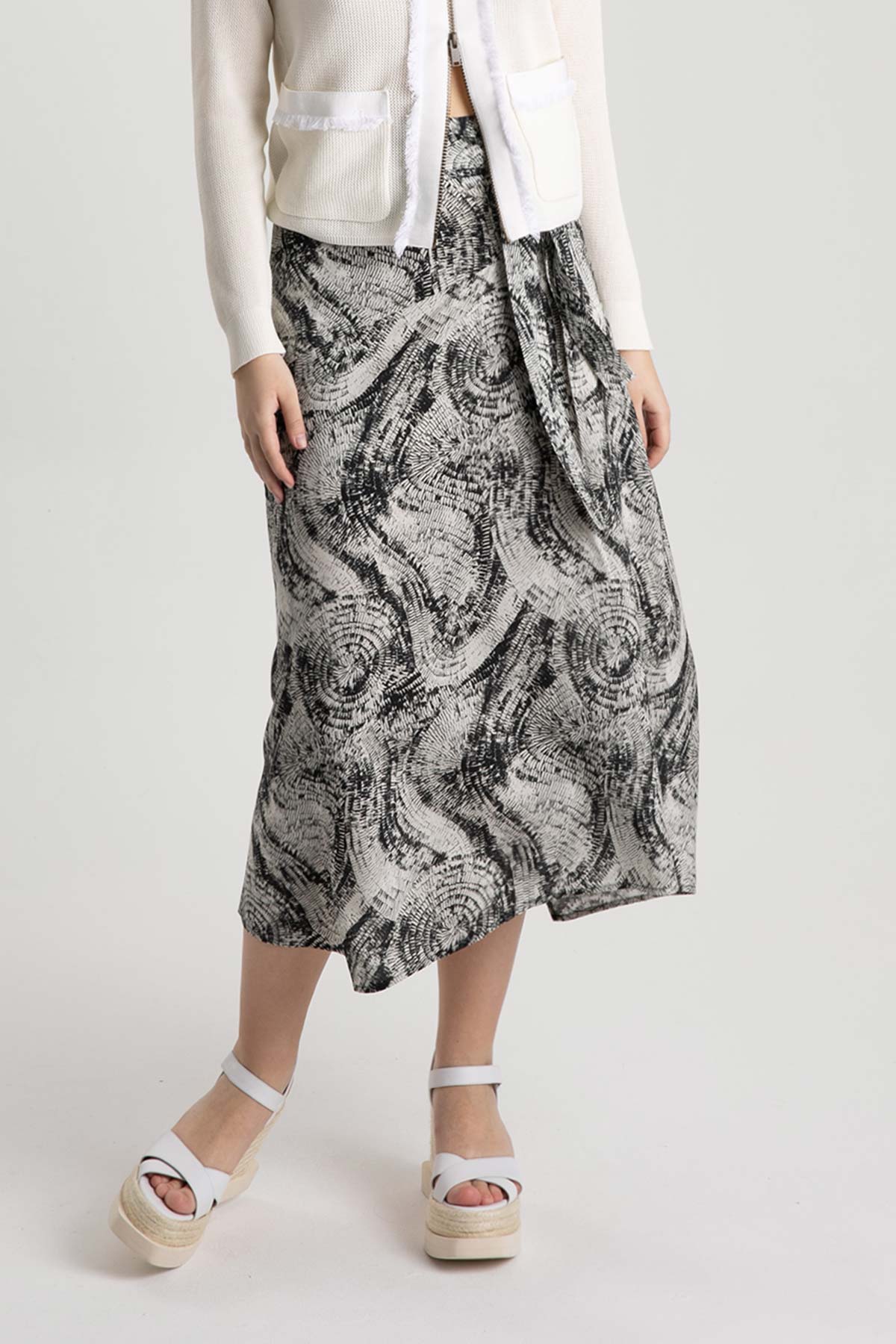 Tonet Belden Kuşaklı Desenli Midi Etek-Libas Trendy Fashion Store