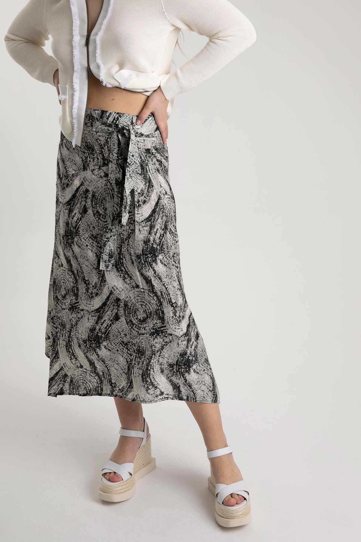 Tonet Belden Kuşaklı Desenli Midi Etek-Libas Trendy Fashion Store