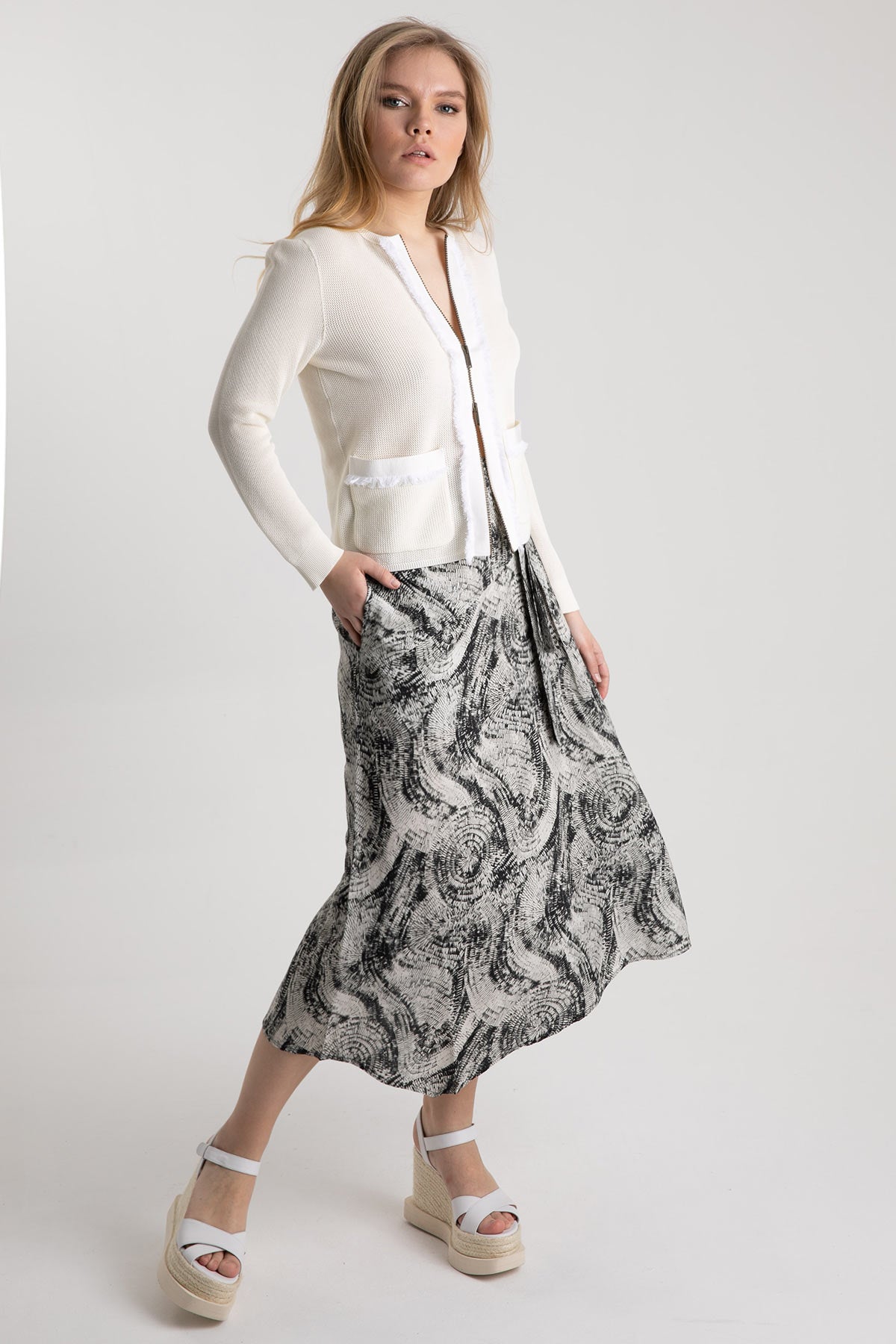 Tonet Belden Kuşaklı Desenli Midi Etek-Libas Trendy Fashion Store