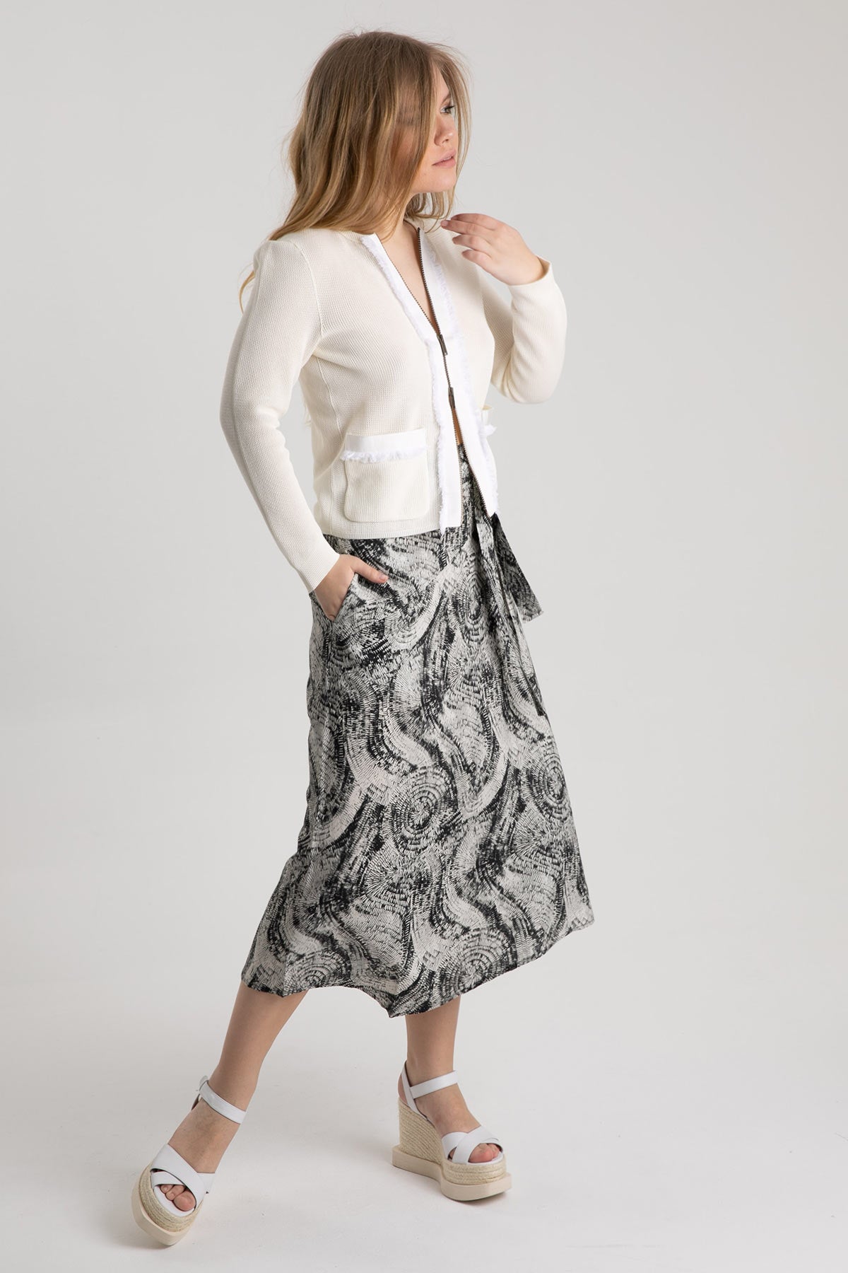 Tonet Belden Kuşaklı Desenli Midi Etek-Libas Trendy Fashion Store