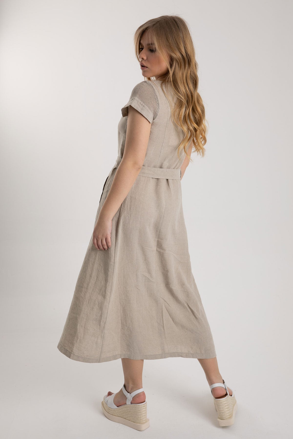 Tonet V Yaka Belden Kuşaklı Midi Keten Elbise-Libas Trendy Fashion Store