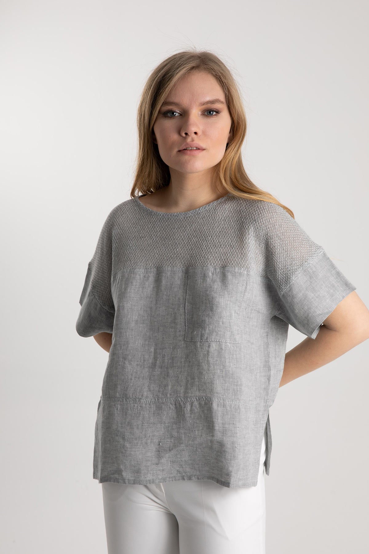 Tonet Keten Kısa Kollu Bluz-Libas Trendy Fashion Store