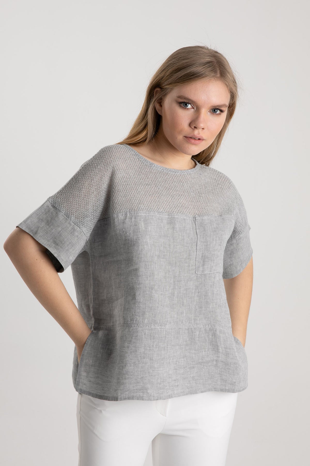 Tonet Keten Kısa Kollu Bluz-Libas Trendy Fashion Store