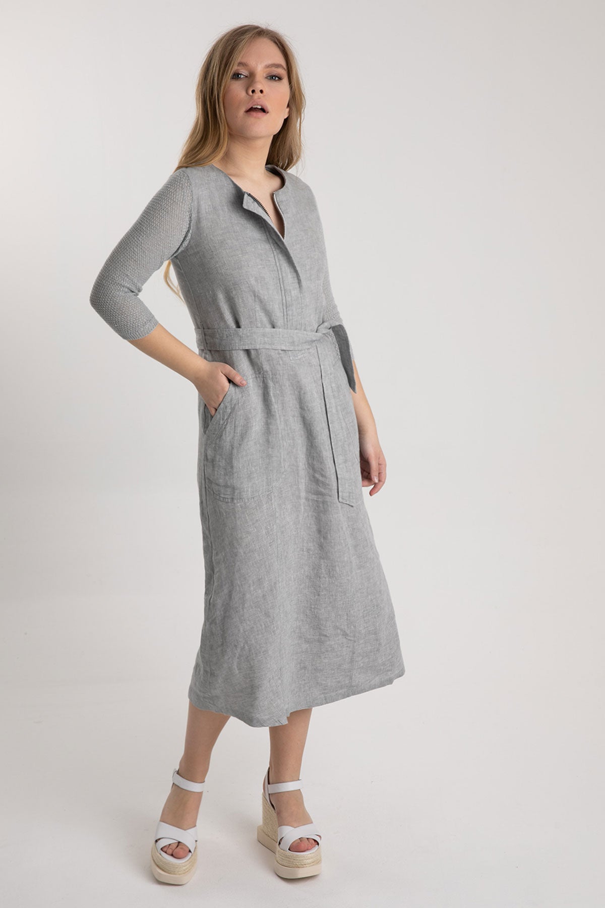 Tonet Truvakar Kollu Midi Keten Elbise-Libas Trendy Fashion Store