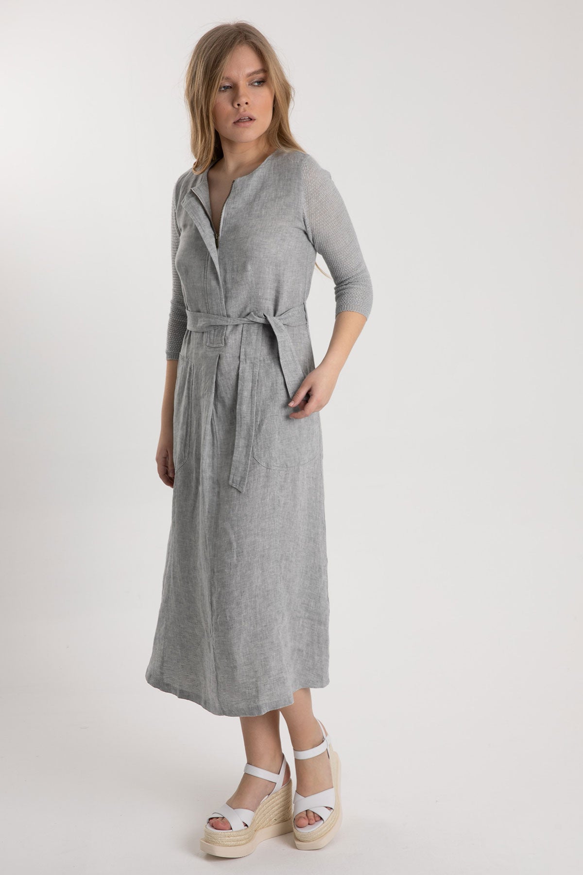 Tonet Truvakar Kollu Midi Keten Elbise-Libas Trendy Fashion Store