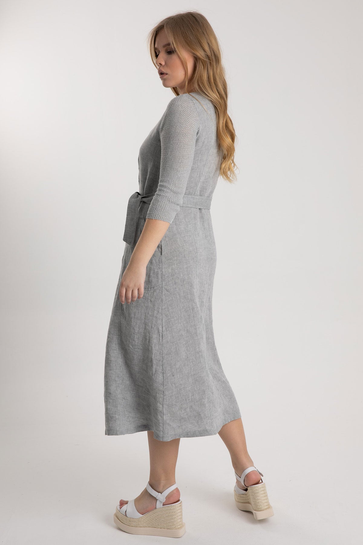 Tonet Truvakar Kollu Midi Keten Elbise-Libas Trendy Fashion Store