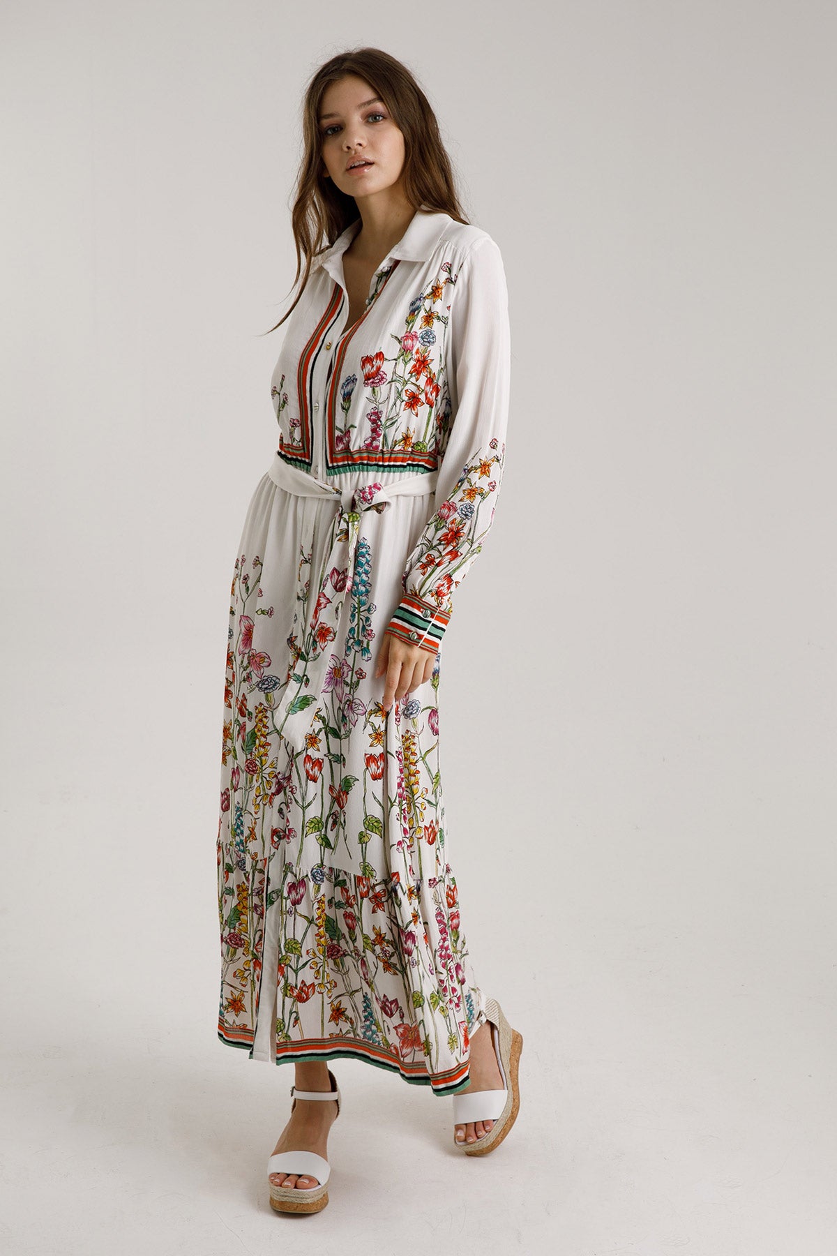 Rene Derhy Klasik Yaka Belden Bağlamalı Maxi Elbise-Libas Trendy Fashion Store