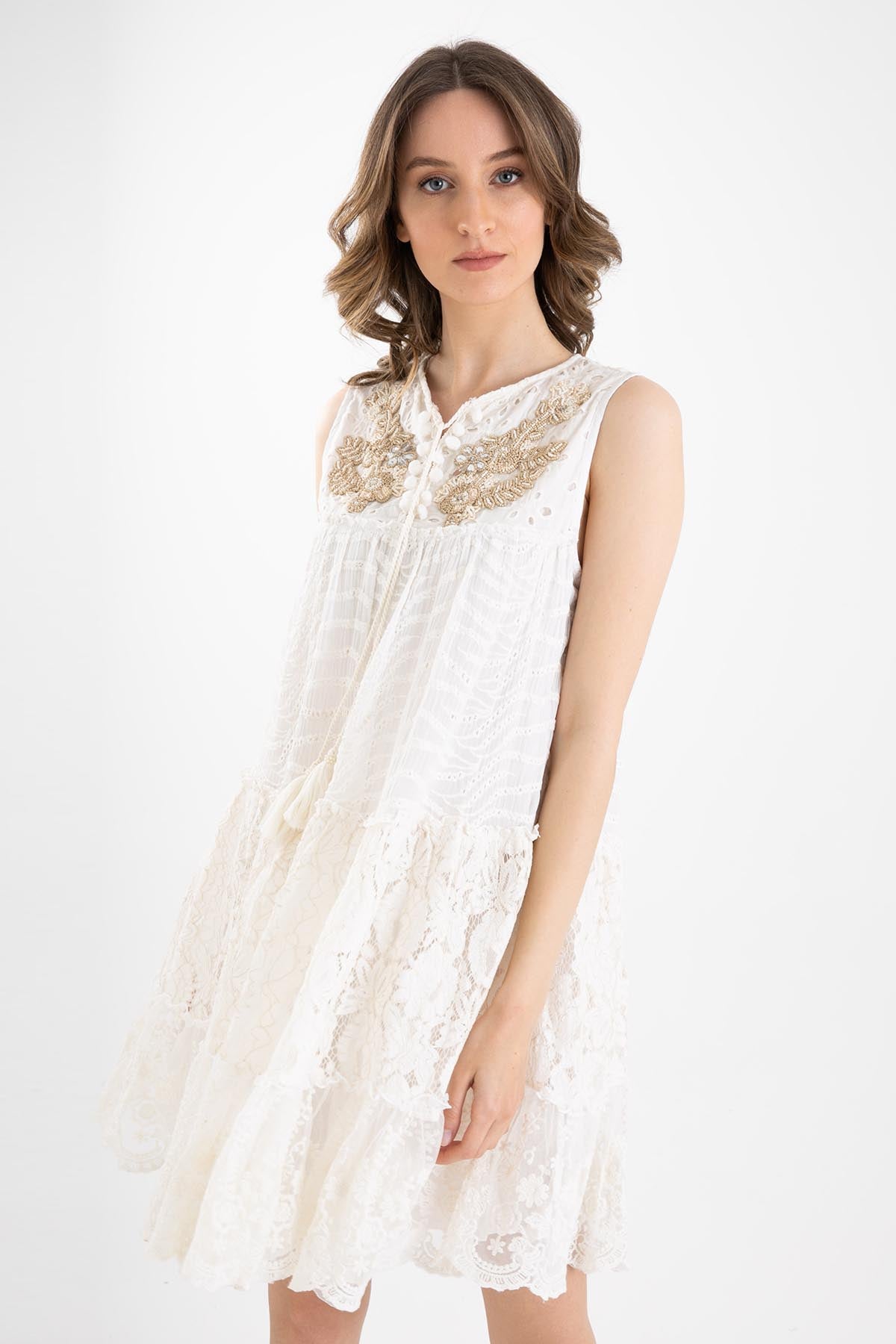 Rene Derhy Yaka Aksesuar Detaylı Diz Üstü Elbise-Libas Trendy Fashion Store