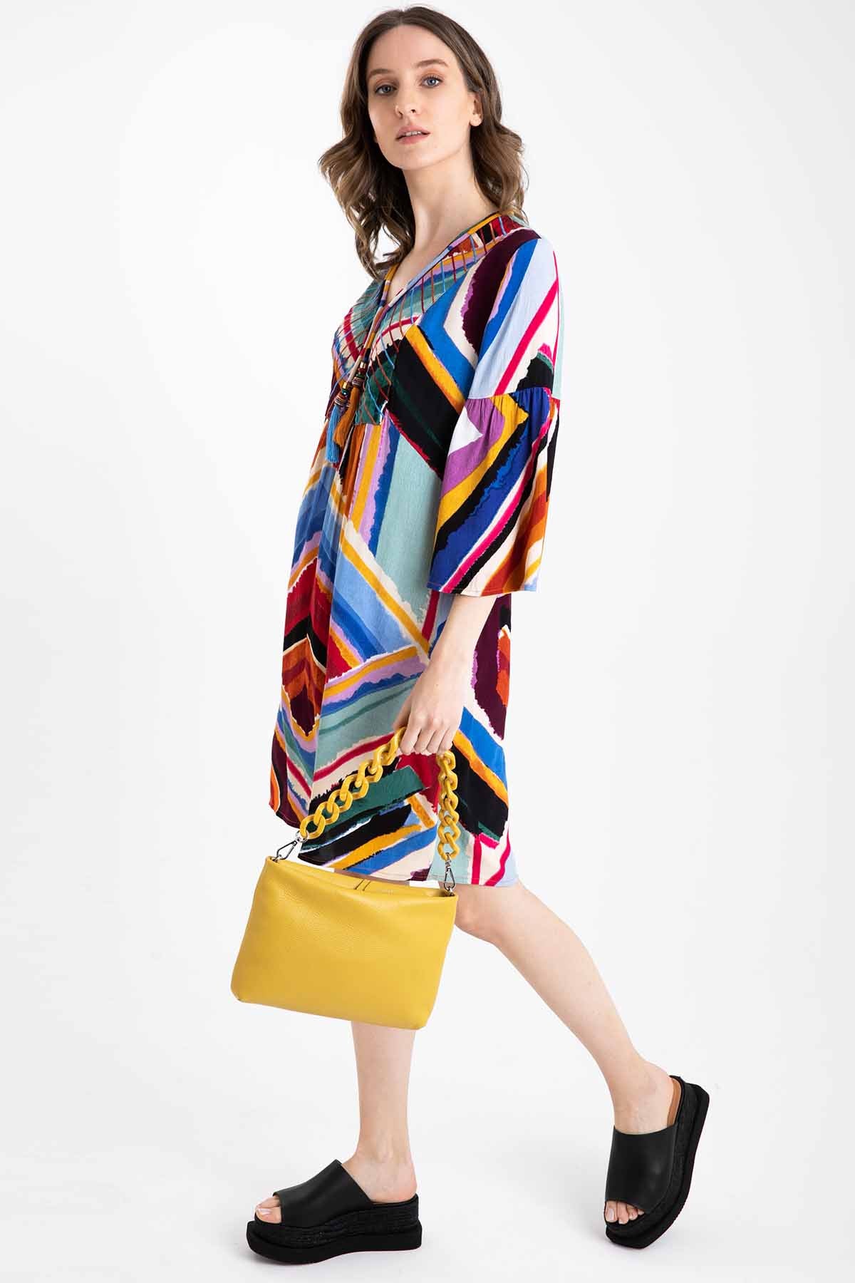 Rene Derhy V Yaka Desenli Elbise-Libas Trendy Fashion Store