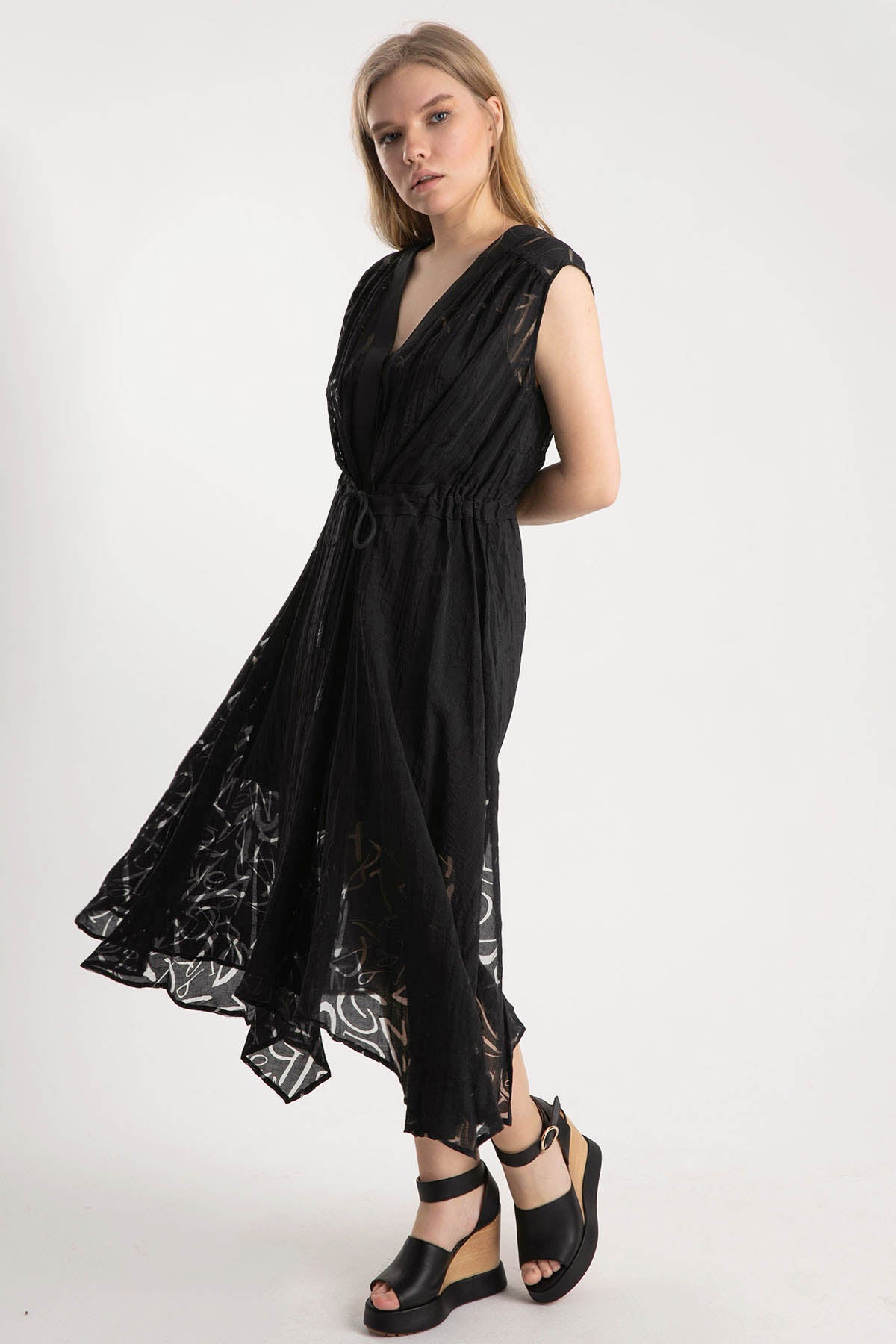 Crea Concept Yakma Desenli Belden Büzgülü Elbise-Libas Trendy Fashion Store