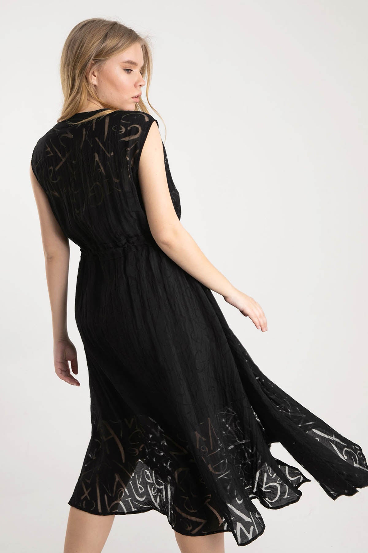 Crea Concept Yakma Desenli Belden Büzgülü Elbise-Libas Trendy Fashion Store