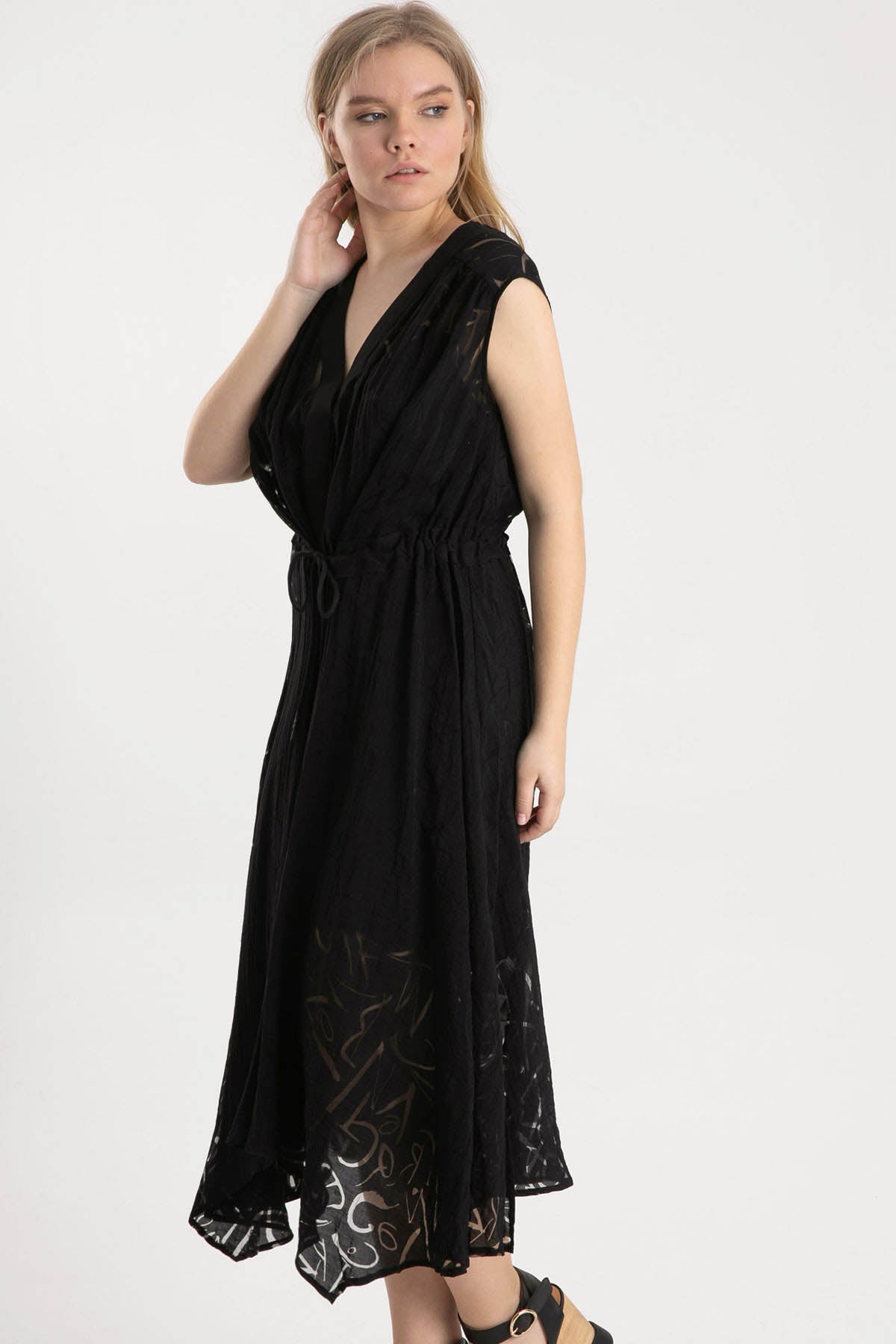 Crea Concept Yakma Desenli Belden Büzgülü Elbise-Libas Trendy Fashion Store