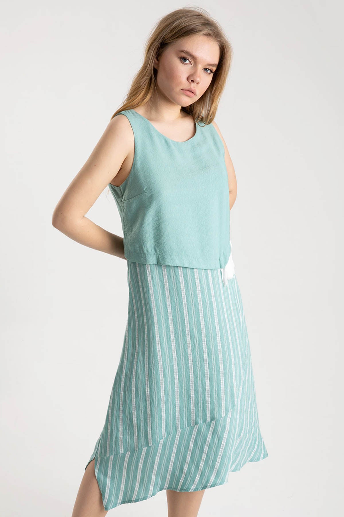 Crea Concept Kumaş Kombinasyonlu Kolsuz Elbise-Libas Trendy Fashion Store