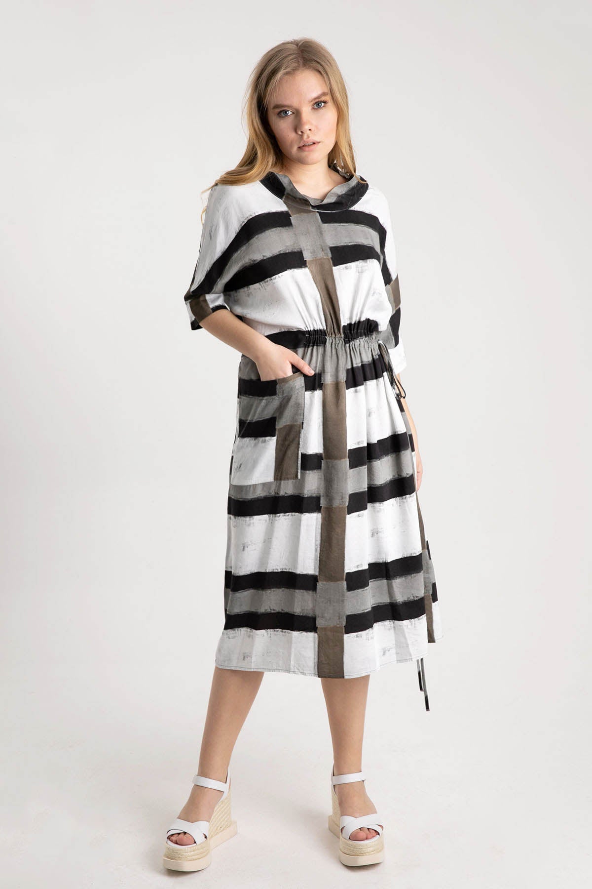 Crea Concept Belden Büzgülü Degaje Yaka Midi Elbise-Libas Trendy Fashion Store