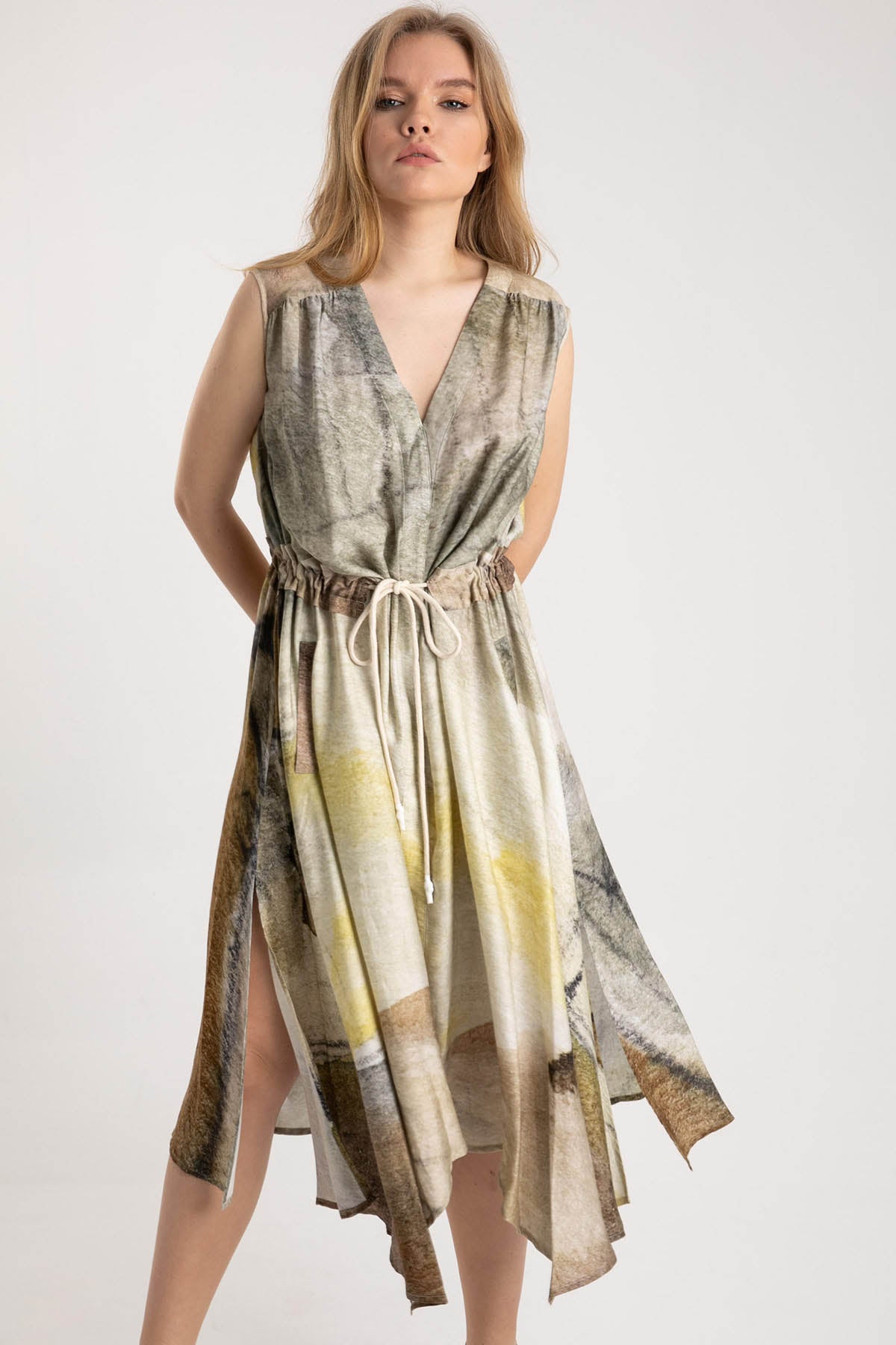 Crea Concept Belden Büzgülü Pileli Midi Elbise-Libas Trendy Fashion Store