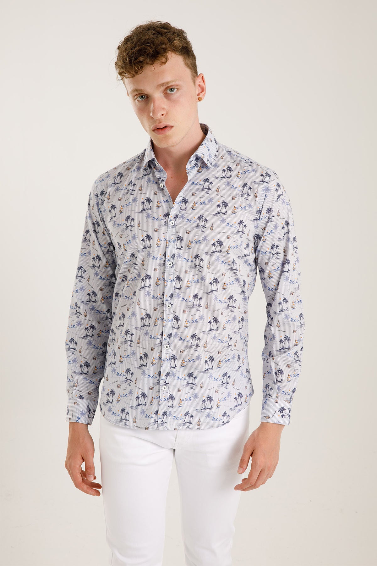 Poggianti Klasik Yaka Palmiye Desenli Pisa Gömlek-Libas Trendy Fashion Store