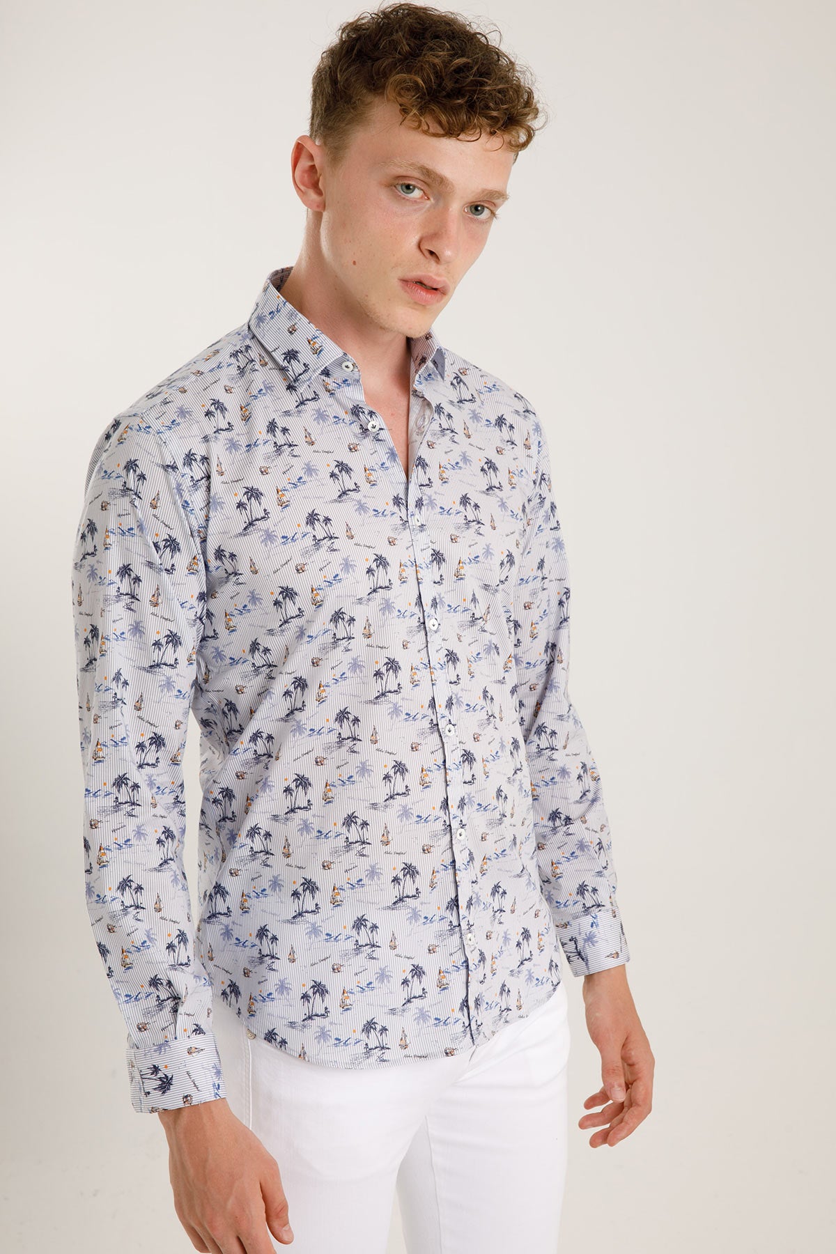 Poggianti Klasik Yaka Palmiye Desenli Pisa Gömlek-Libas Trendy Fashion Store