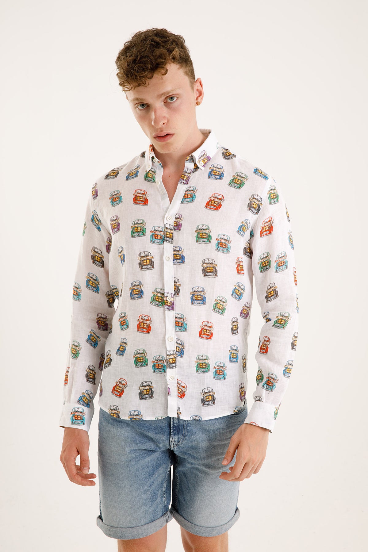 Poggianti Düğmeli Yaka Renkli Araba Temalı Pisa Keten Gömlek-Libas Trendy Fashion Store