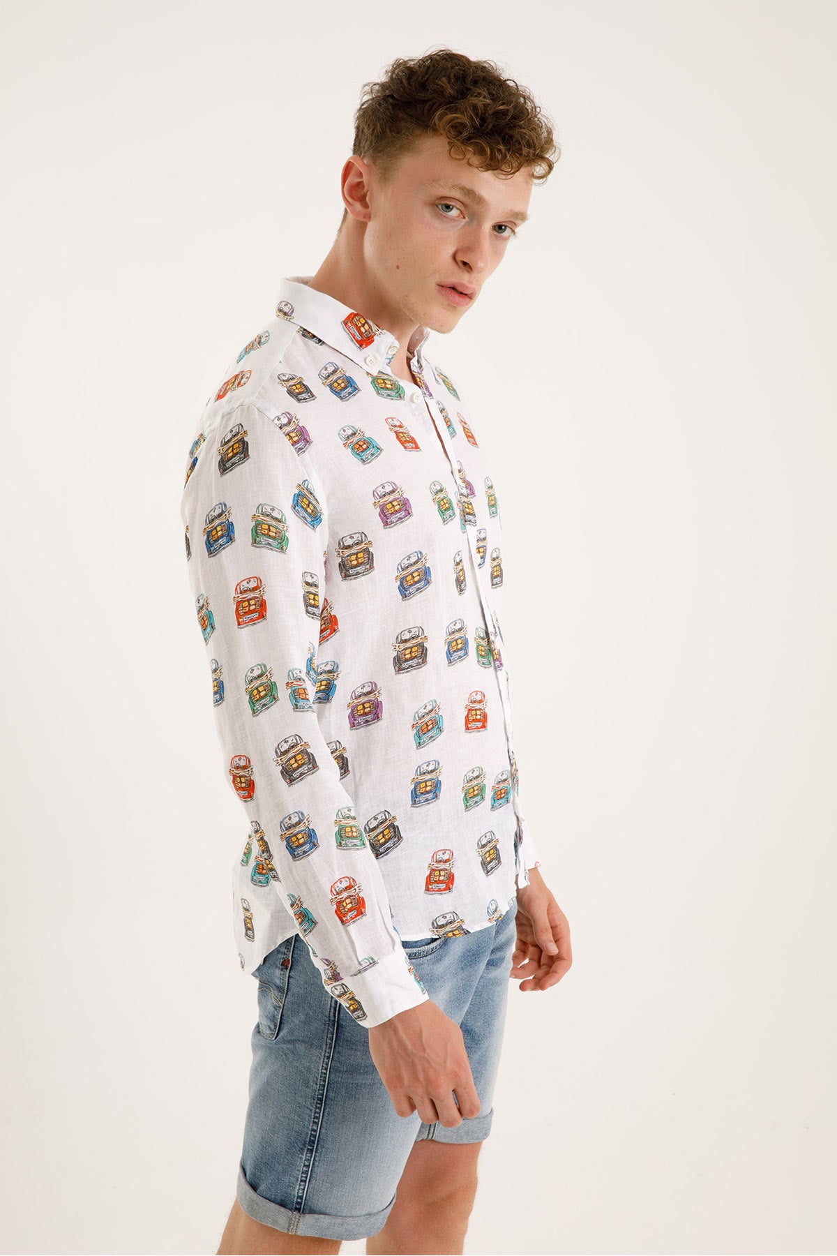 Poggianti Düğmeli Yaka Renkli Araba Temalı Pisa Keten Gömlek-Libas Trendy Fashion Store
