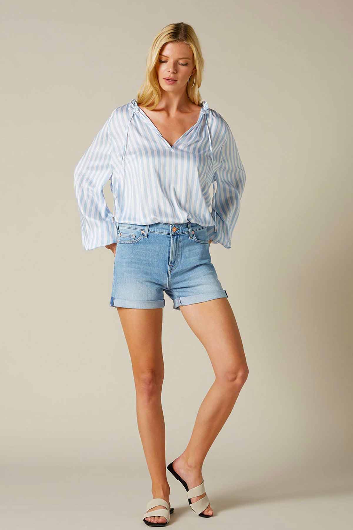 7 For All Mankind Yüksek Bel Açık Yıkama Denim Şort-Libas Trendy Fashion Store