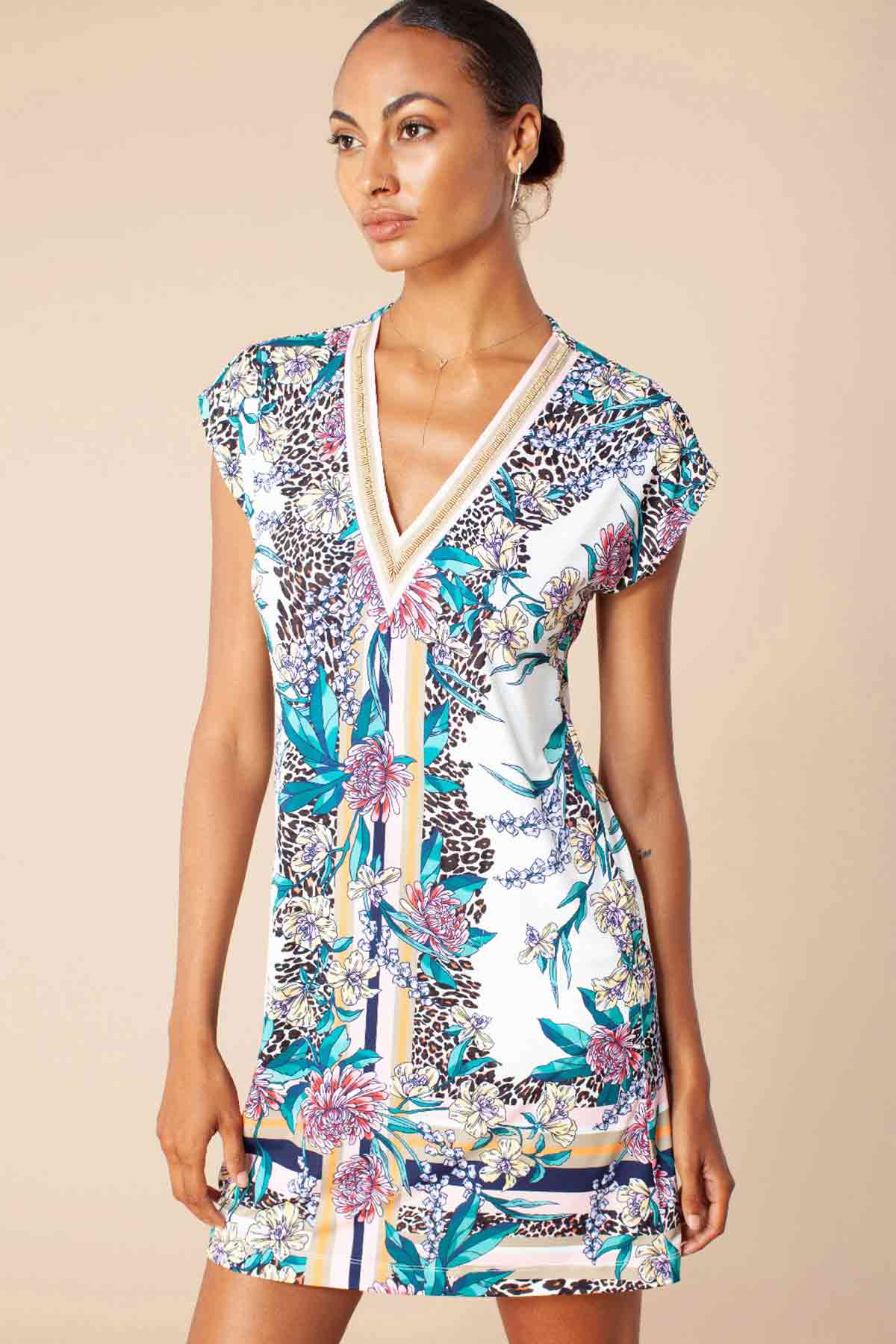 Hale Bob Çiçek Desenli Mini V Yaka Elbise-Libas Trendy Fashion Store